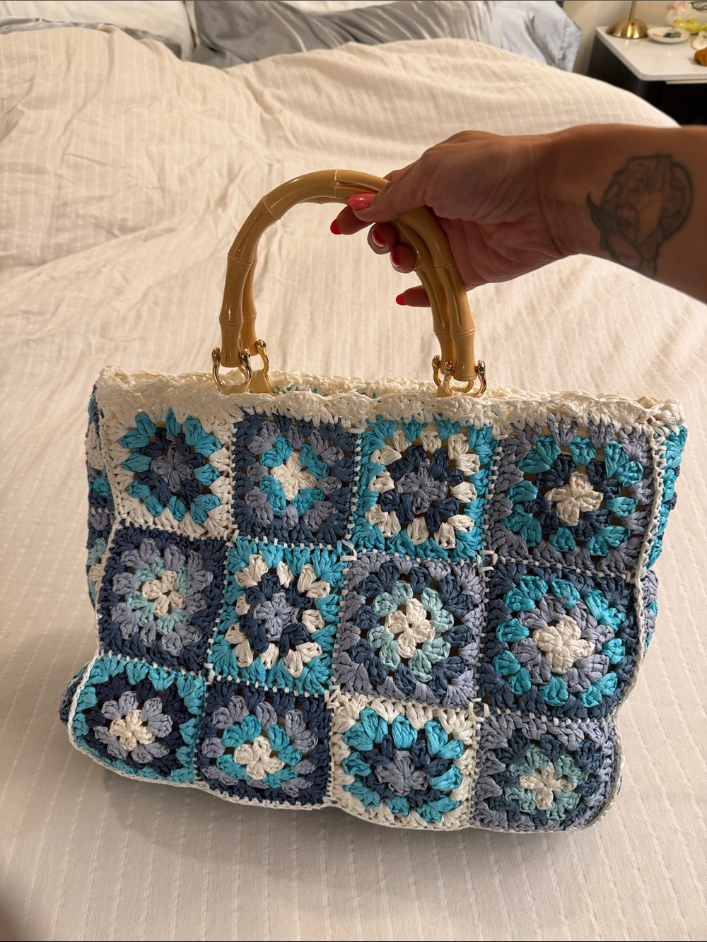 Crochet Tote Bag with Bamboo Handles - Blue & White